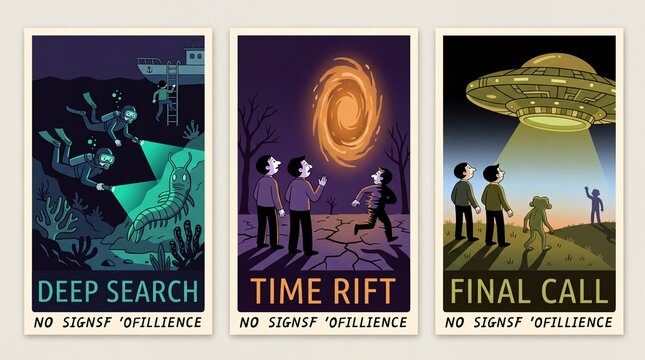 Creative print showing various scenes of adventure and mystery in a fantasy setting