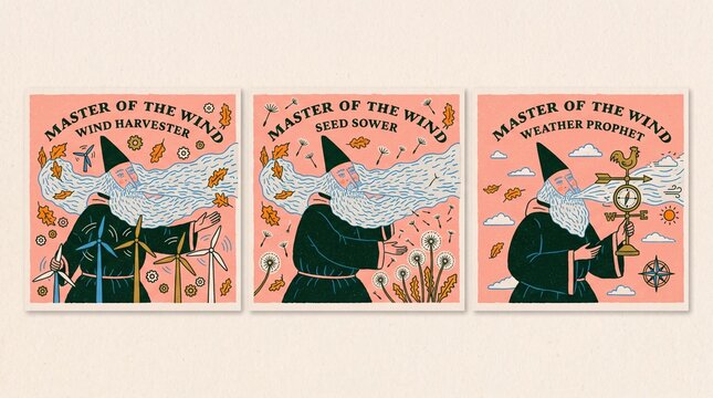 Creative cute print shows three panels of a character with long hair blowing in the wind
