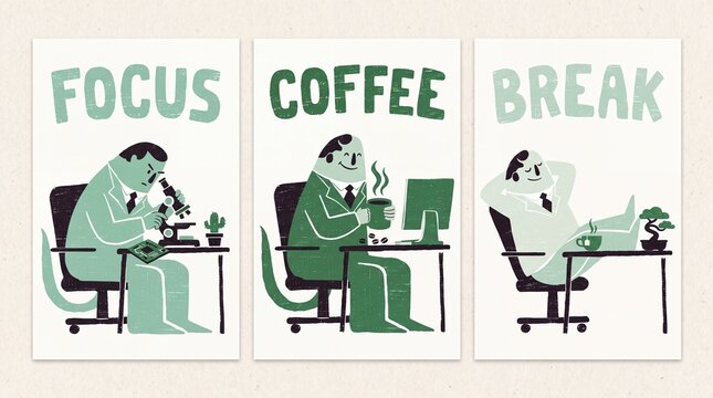 Creative cute print showing work and relaxation moments in an office setting with a focus on coffee breaks