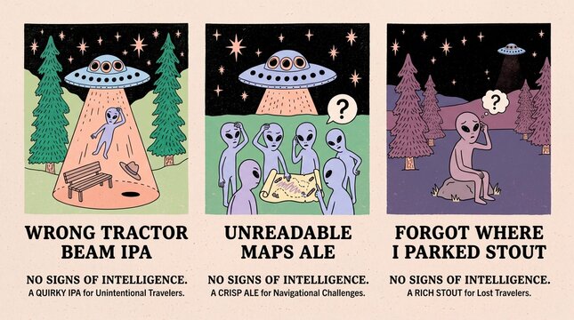 Creative cute print featuring humorous alien-themed drinks for travelers and lost adventurers