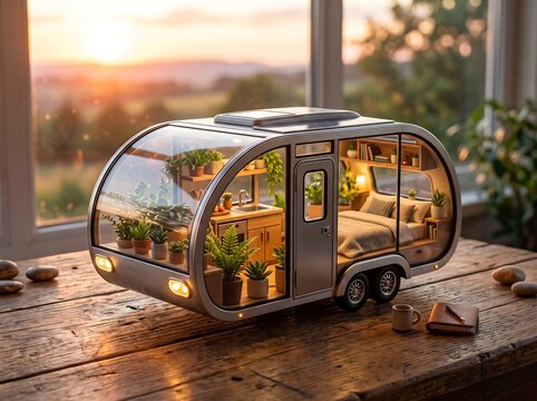 Cozy miniature teardrop camper model on a rustic wooden table at sunset