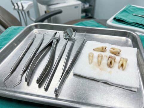 Dental Extraction Instruments And Molars Laid Out On A Tray