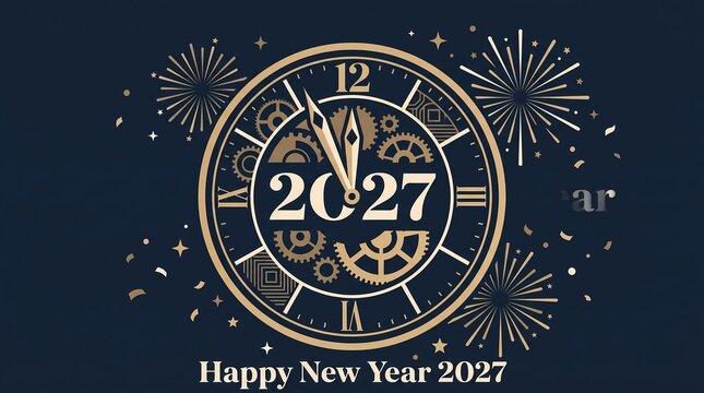 Happy New Year 2027 Greeting Card with Midnight Clock and Fireworks Celebration