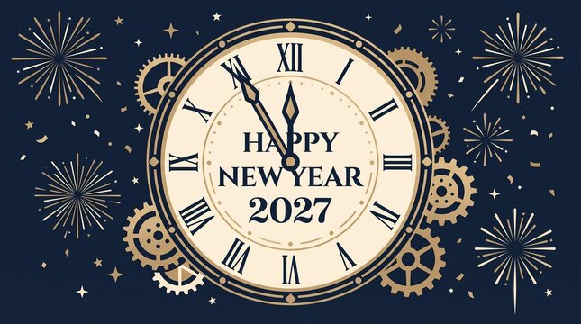 Happy New Year 2027 greeting card with vintage clock and fireworks on blue background