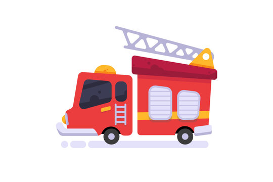 Cute Fire Truck Cartoon Icon &mdash; Flat Design Red Fire Engine with Ladder and Siren for Kids, Transportation and Emergency Service Illustration Design