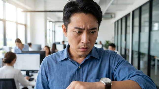 Anxious Asian male worker looking at his wristwatch in panic about a deadline.