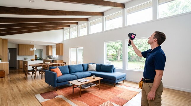 Open plan home thermal inspection with technician scanning vaulted ceiling, clerestory windows and colorful modern interior for efficiency audit