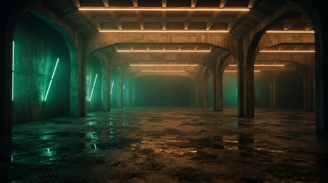 Cinematic Underground Concrete Hall with Green Neon and Warm Lights