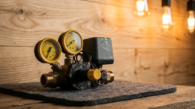 Industrial Brass Valve Assembly with Gauges on Dark Mat Board in Warm Workshop