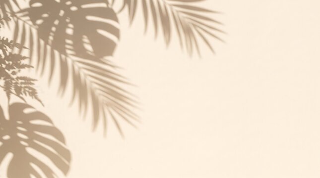 Soft shadows of tropical monstera and palm leaves cast on a beige wall background for summer design