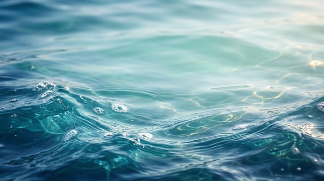 Close up of clear blue ocean water surface with gentle waves and natural sunlight reflections