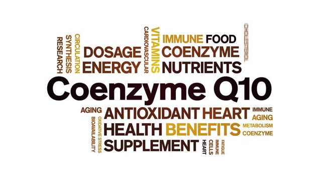 Coenzyme Q10 animated word cloud-CoQ10 text design animation tag kinetic typography seamless loop.