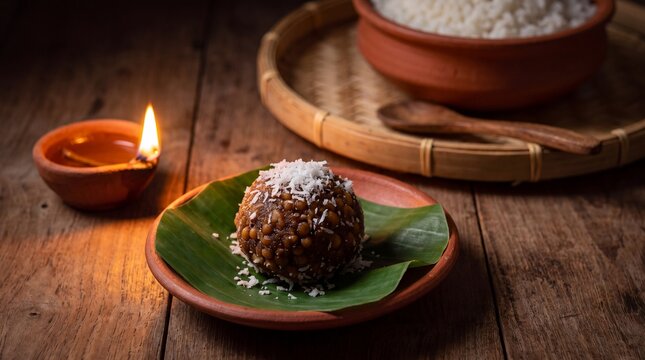 Traditional indian bohag bihu festive food and lit clay diya lamp set on a rustic wooden table, representing assamese cultural celebrations.