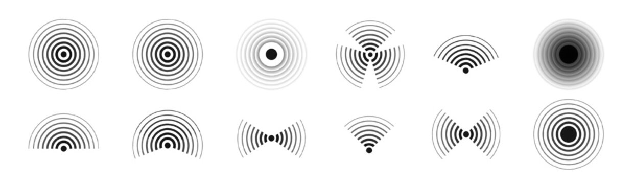 Sonar pulse patterns with ripple effects for technology projects. Isolated vector graphics showing signal frequencies, radio transmission symbols and digital monitoring displays.