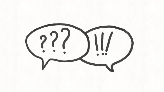
Question and exclamation marks in speech bubbles represent questions, answers, discussion, confusion, surprise, conversation, communication and problem solving.