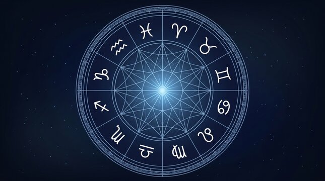 Cosmic astrological zodiac wheel displaying twelve ancient constellations within a celestial sphere map to predict human fortune and personality traits through planetary alignment in the night