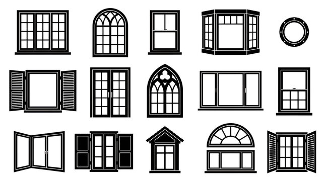Set of Black Window Frames and Shutters Silhouettes Isolated on White