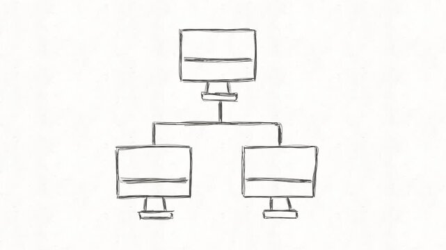 
Connected computer network animation showing linked workstations, representing data sharing, local network, communication, infrastructure, connectivity and digital systems.