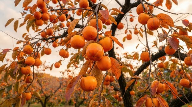 Ripe orange persimmon fruits hanging on tree branches during autumn harvest season