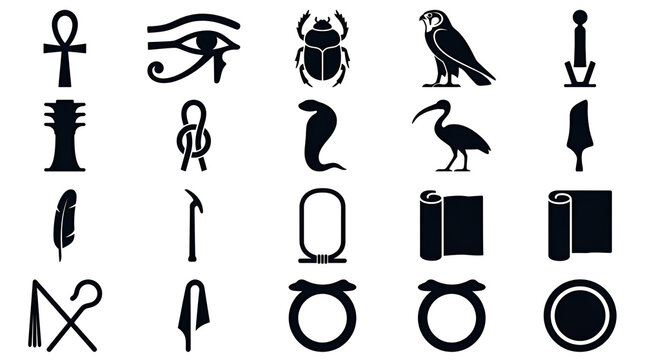 Grid of Black Egyptian Hieroglyphic Silhouettes including Ankh and Eye of Horus on White Background