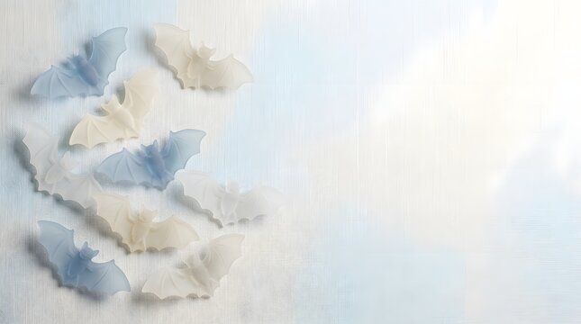 Translucent blue and white bats flying on light textured background for minimalist halloween theme.
