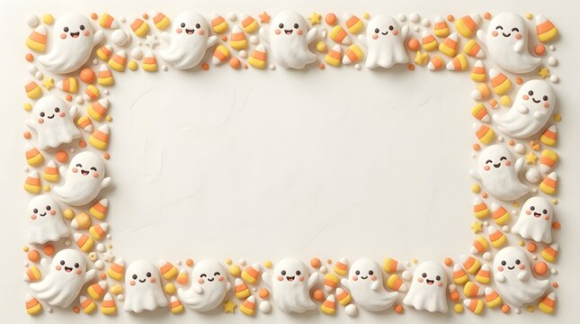 A playful halloween border frames a clean white background with smiling ghosts and vibrant candy corn for festive designs.