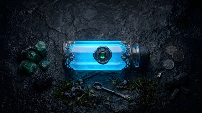 Mysterious glowing blue potion in an ornate bottle surrounded by emeralds and dark volcanic rock.
