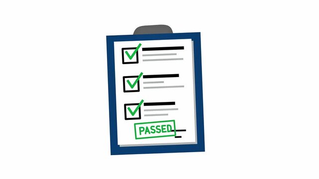 Hand-drawn 2D animation showing a clipboard checklist filling with green ticks and a final 'PASSED' stamp.