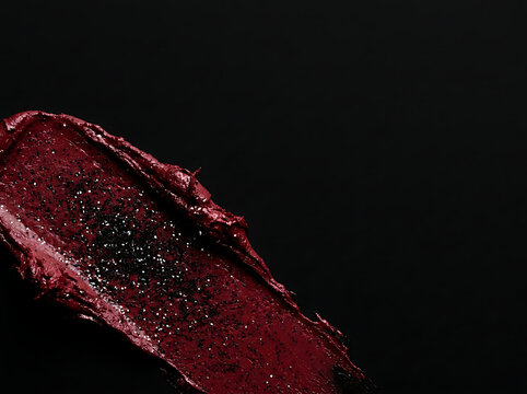Smear of dark burgundy textured lipstick with glitter on a minimal black background
