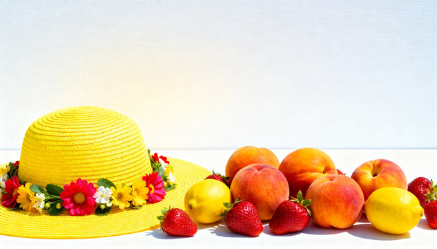 joyful summer flat lay yellow hat garland fruits