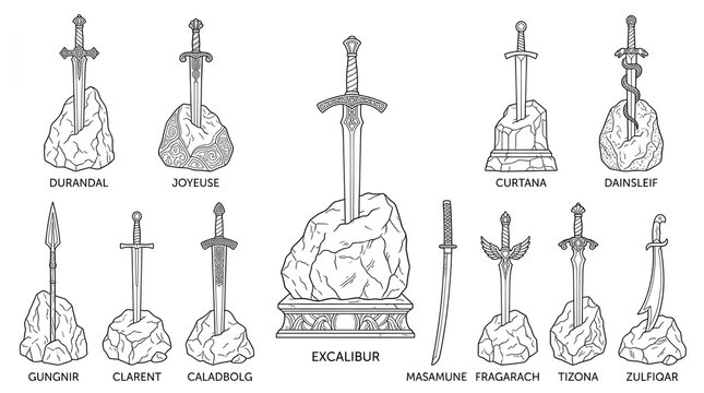 Swords in Stone Line Art Collection - Legendary Excalibur Illustrations on White Background