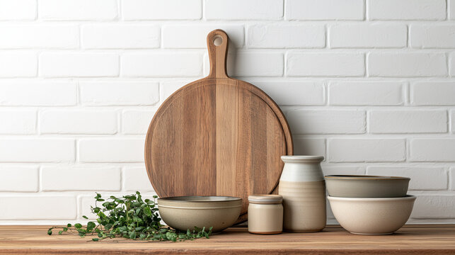 Rustic Kitchen Shelf with Wooden Cutting Board and Ceramics