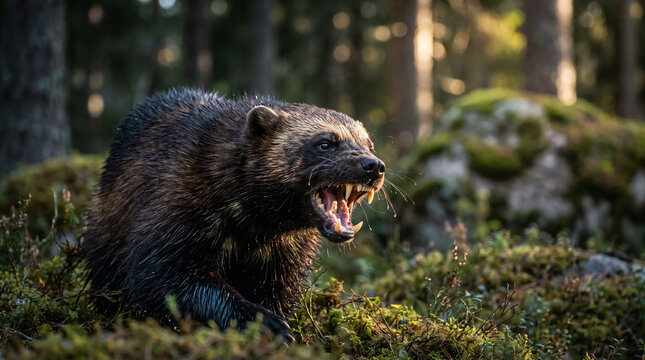 Wild aggressive wolverine snarling in a lush forest environment