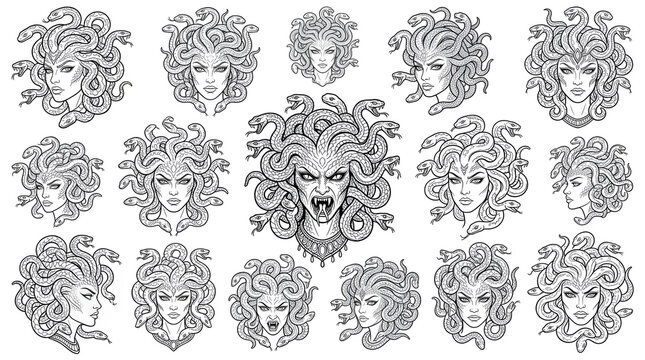 Greek Mythology Medusa and Gorgon Line Art Illustration Set