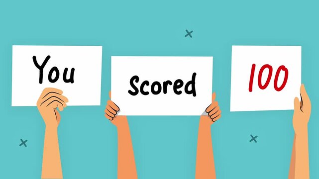 Cartoon hands raising placards displaying "You Scored 100" against a blue background, symbolizing achievement and perfect results.