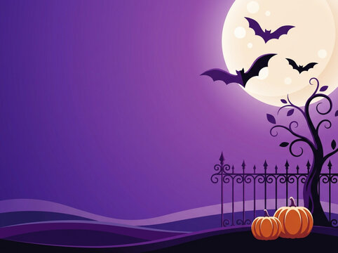 Spooky halloween background featuring a glowing full moon with flying bats and pumpkins in a purple night landscape