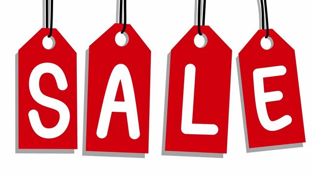 Graphic animation of red price tags spelling SALE on a white background for retail discount events.