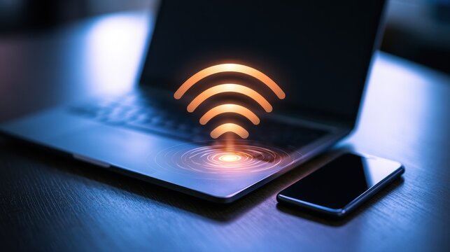 A laptop with a Wi-Fi signal icon on its screen, placed on a wooden desk with a smartphone beside it.