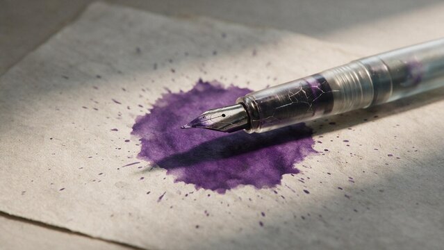 Clear fountain pen nib touching a purple ink blot splash mistake on textured paper in sunlight. Calligraphy writing mistake concept.