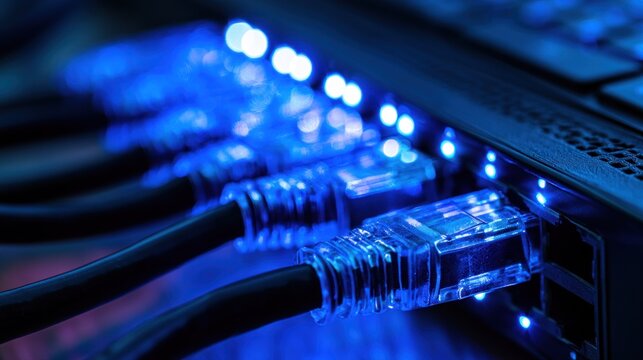 A row of illuminated blue network cables connected to a server, with a laptop in the foreground.