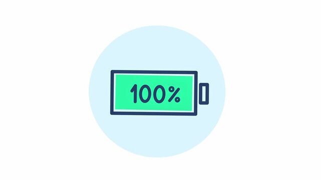 Minimalist doodle animation showing a green battery icon charging from half to one hundred percent capacity in blu green color