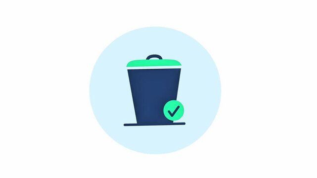 Minimalist motion graphic showing paper falling into a blue bin, the lid closing, and a green checkmark appearing to signify completion.