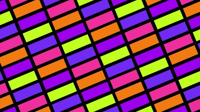 Dynamic pattern of neon-colored rectangular blocks in a tilted grid against a black backdrop, featuring a retro pop art aesthetic.