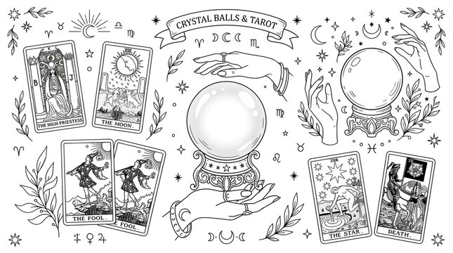 Mystical Line Art Illustrations of Crystal Balls Tarot Cards and Fortune Teller Hands