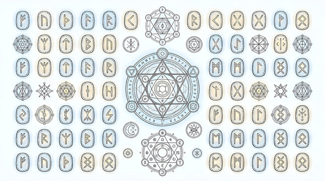 Mystical Rune Stones and Geometric Line Art Collection on White Background