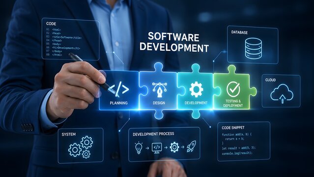 A professional businessman using modern technology to manage software development processes through a digital interface with glowing puzzle piece icons