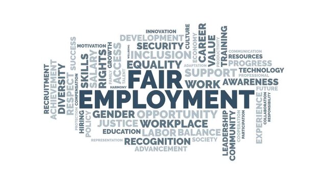 Fair Employment Word Cloud Animation Featuring Concepts of Workplace D