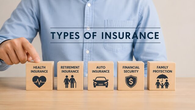 A business professional uses modern technology to organize wooden blocks representing various types of insurance coverage for financial protection planning