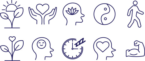 Obraz premium Set of thin line wellness and healthy lifestyle icons. health wellness self care and emotional balance themes
