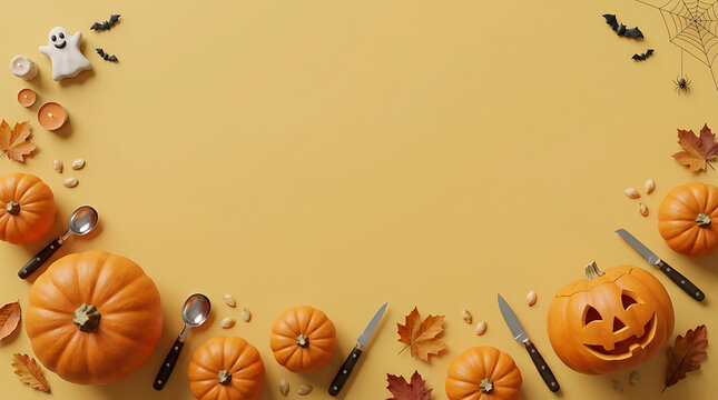 Flat lay of halloween decorations including pumpkins jack o lantern ghost cookies autumn leaves and cutlery on a light yellow background surface